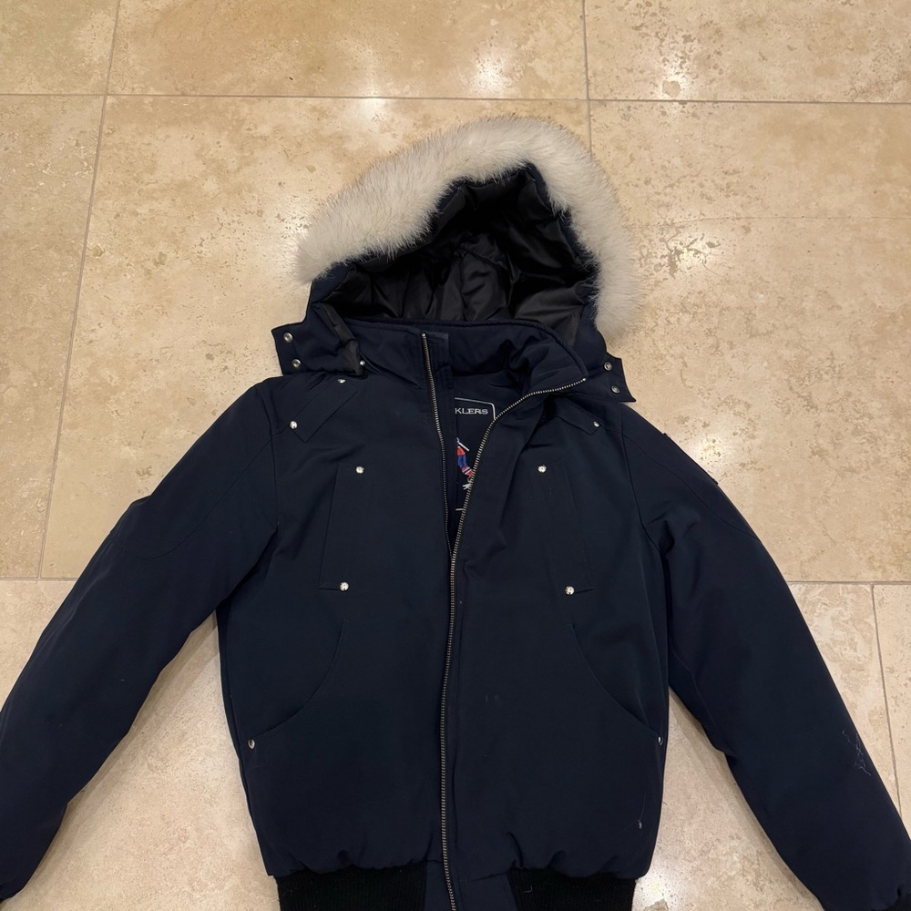 Moose Knuckles Dark Blue Jacket with Fur Hood